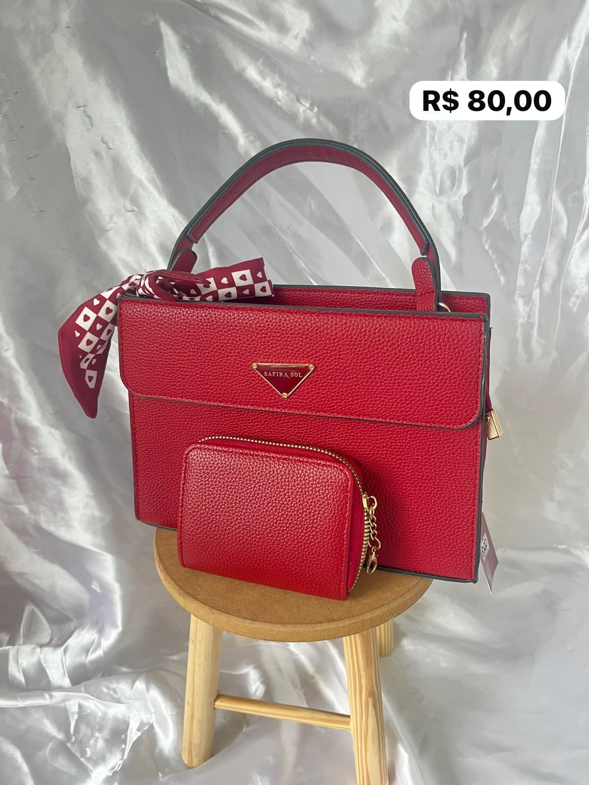 Kit Bolsa de Mão Estruturada Vermelha com Carteira e Lenço Decorativo Satira Sol